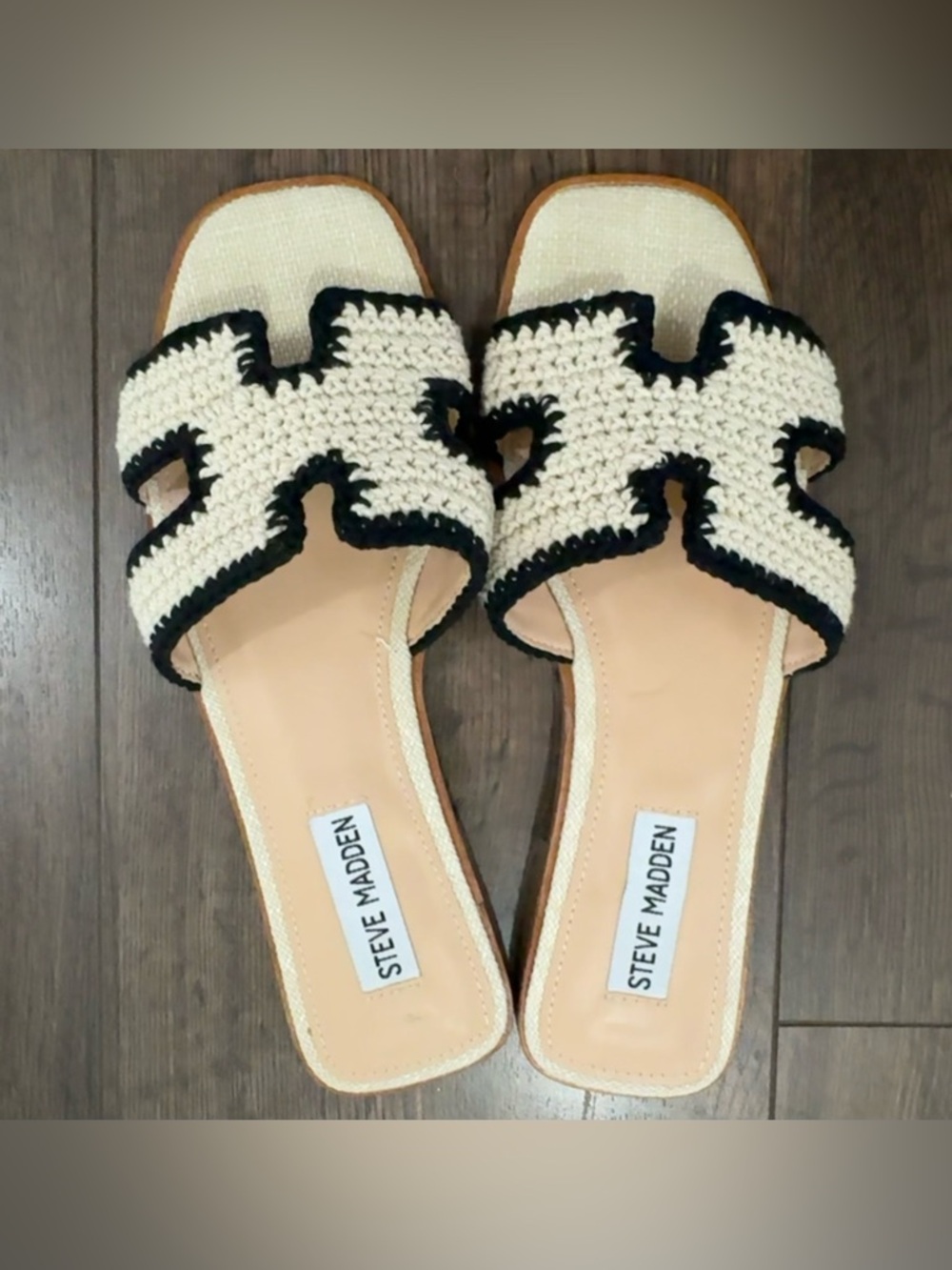 Steve Madden Cream Crochet Slide Sandals with Black Trim